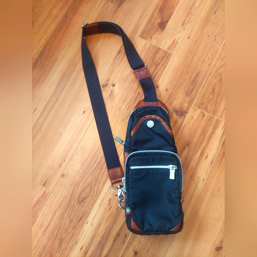 Navy Nylon And Brown Leather Crossbody Travel Bag